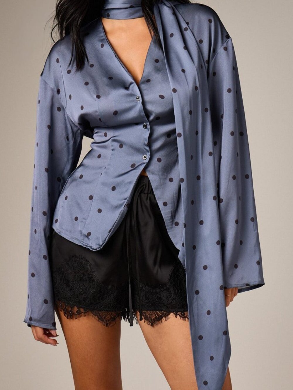 Multicolor Elegant Women's V-Neck Scarf Detail Polka Dot Blouse